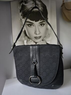 Gucci Black GG Canvas Icon Bit Vintage Shoulder Bag with Leather Trim